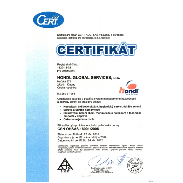Certifikát ČSN OHSAS 18001:2008